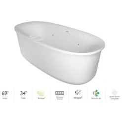 Jacuzzi Arga 69" Free Standing Acrylic Swirlpool™ Experience Tub with Center Drain, Drain Assembly and Overflow