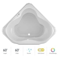 Jacuzzi 60" x 60" Bellavista Drop In Corner Luxury Pure Air® Bathtub with LCD Controls, Chromatherapy, Center Drain and Right Blower