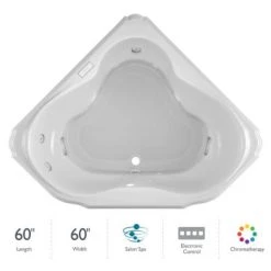 Jacuzzi 60" x 60" Bellavista Drop In Corner Luxury Salon Spa Bathtub with 10 Jets, Luxury Controls, Chromatherapy, Heater, Center Drain and Right Pump