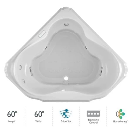Jacuzzi 60" x 60" Bellavista Drop In Corner Luxury Salon Spa Bathtub with 10 Jets, Luxury Controls, Illumatherapy, Heater, Center Drain and Right Pump 3 Jacuzzi 60" x 60" Bellavista Drop In Corner Luxury Salon Spa Bathtub with 10 Jets, Luxury Controls, Illumatherapy, Heater, Center Drain and Right Pump