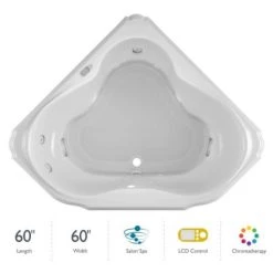 Jacuzzi 60" x 60" Bellavista Drop In Corner Luxury Salon Spa Bathtub with 10 Jets, LCD Controls, Chromatherapy, Heater, Center Drain and Right Pump