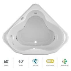 Jacuzzi 60" x 60" Bellavista Drop In Corner Luxury Salon Spa Bathtub with 10 Jets, LCD Controls, Illumatherapy, Heater, Center Drain and Right Pump