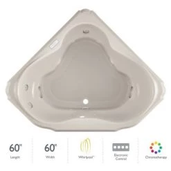 Jacuzzi 60" x 60" Bellavista Drop In Corner Luxury Whirlpool Bathtub with 10 Jets, Luxury Controls, Chromatherapy, Heater, Center Drain and Right-Front Pump