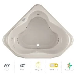 Jacuzzi 60" x 60" Bellavista Drop In Corner Luxury Whirlpool Bathtub with 10 Jets, LCD Controls, Illumatherapy, Heater, Center Drain and Right-Front Pump