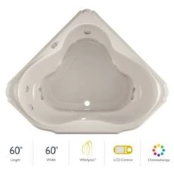Jacuzzi 60" x 60" Bellavista Drop In Corner Luxury Whirlpool Bathtub with 10 Jets, LCD Controls, Chromatherapy, Heater, Center Drain and Left Pump