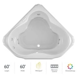 Jacuzzi 60" x 60" Bellavista Drop In Corner Luxury Whirlpool Bathtub with 10 Jets, Luxury Controls, Chromatherapy, Heater, Center Drain and Right Pump