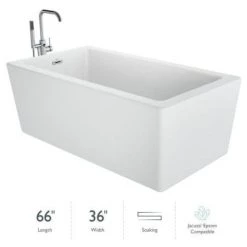 Jacuzzi Bianca 66" Free Standing Acrylic Soaking Tub with Reversible Drain and Overflow - Includes Floor Mounted Tub Filler with Hand Shower