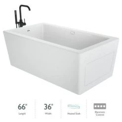 Jacuzzi Bianca 66" Free Standing Acrylic Soaking Tub with Reversible Drain and Overflow - Includes Floor Mounted Tub Filler with Hand Shower