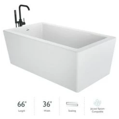 Jacuzzi Bianca 66" Free Standing Acrylic Soaking Tub with Reversible Drain and Overflow - Includes Floor Mounted Tub Filler with Hand Shower