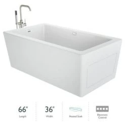 Jacuzzi Bianca 66" Free Standing Acrylic Soaking Tub with Reversible Drain and Overflow - Includes Floor Mounted Tub Filler with Hand Shower