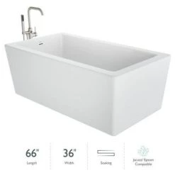 Jacuzzi Bianca 66" Free Standing Acrylic Soaking Tub with Reversible Drain and Overflow - Includes Floor Mounted Tub Filler with Hand Shower