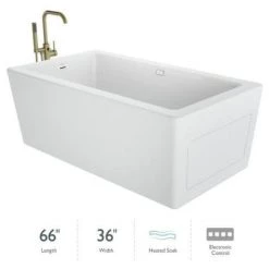Jacuzzi Bianca 66" Free Standing Acrylic Soaking Tub with Reversible Drain and Overflow - Includes Floor Mounted Tub Filler with Hand Shower
