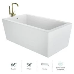 Jacuzzi Bianca 66" Free Standing Acrylic Soaking Tub with Reversible Drain and Overflow - Includes Floor Mounted Tub Filler with Hand Shower