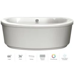 Jacuzzi Bravo 66" Freestanding Soaking Bathtub with Center Drain, Heated Soak, and Chromatherapy Technology