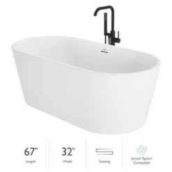 Jacuzzi Celeste 67" Free Standing Acrylic Soaking Tub with Center Drain, Drain Assembly and Overflow - Includes Floor Mounted Tub Filler with Hand Shower