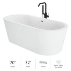 Jacuzzi Celeste 70" Free Standing Acrylic Soaking Tub with Center Drain, Drain Assembly and Overflow - Includes Floor Mounted Tub Filler with Hand Shower