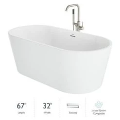 Jacuzzi Celeste 67" Free Standing Acrylic Soaking Tub with Center Drain, Drain Assembly and Overflow - Includes Floor Mounted Tub Filler with Hand Shower