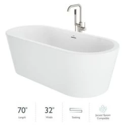Jacuzzi Celeste 70" Free Standing Acrylic Soaking Tub with Center Drain, Drain Assembly and Overflow - Includes Floor Mounted Tub Filler with Hand Shower