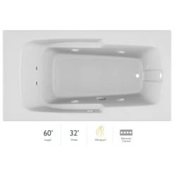 Jacuzzi 60" x 32" Cetra Drop In Comfort Whirlpool Bathtub with 8 Jets, Basic Controls, Right Drain and Left Pump
