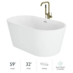 Jacuzzi Celeste 59" Free Standing Acrylic Soaking Tub with Center Drain, Drain Assembly and Overflow - Includes Floor Mounted Tub Filler with Hand Shower