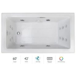 Jacuzzi Elara 60" Acrylic Air / Whirlpool Bathtub for Drop-In Installations with Right Drain, Chromatherapy Lighting, Heater, and Luxury Controls