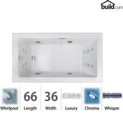Jacuzzi Elara 66" Acrylic Whirlpool Bathtub for Drop-In Installations with Right Drain, Heater, Whisper™ TechnologyTechnology, and Luxury Controls
