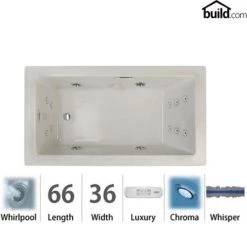 Jacuzzi Elara 66" Acrylic Whirlpool Bathtub for Drop-In Installations with Right Drain, Heater, Whisper™ TechnologyTechnology, and Luxury Controls