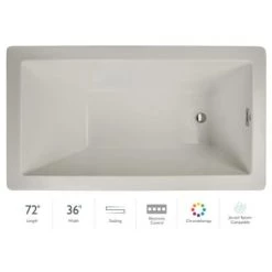 Jacuzzi Elara 72" x 36" Acrylic Soaking Bathtub for Drop In Installations with Reversible Drain and Chromatherapy Lighting