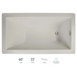 Jacuzzi Elara Low Profile 60" x 32" Acrylic Soaking Bathtub for Drop-In Installations with Reversible Drain