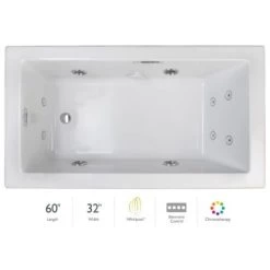 Jacuzzi Elara Low Profile 60" x 32" Acrylic Whirlpool Bathtub for Drop-In Installations with Left Drain, Chromatherapy Lighting, Heater, and Luxury Controls