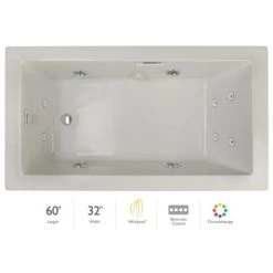 Jacuzzi Elara Low Profile 60" x 32" Acrylic Whirlpool Bathtub for Drop-In Installations with Left Drain, Chromatherapy Lighting, Heater, and Luxury Controls