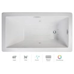 Jacuzzi Elara Low Profile 60" x 36" Acrylic Air Bathtub for Drop-In Installations with Left Drain and Chromatherapy Lighting