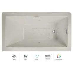 Jacuzzi Elara Low Profile 60" x 36" Acrylic Air Bathtub for Drop-In Installations with Right Drain and Chromatherapy Lighting