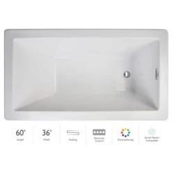 Jacuzzi Elara Low Profile 60" x 36" Acrylic Soaking Bathtub for Drop-In Installations with Reversible Drain and Chromatherapy Lighting