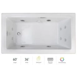 Jacuzzi Elara Low Profile 60" x 36" Acrylic Whirlpool Bathtub for Drop-In Installations with Right Drain, Chromatherapy Lighting, Heater, and Luxury Controls