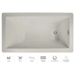 Jacuzzi Elara Low Profile 66" Acrylic Soaking Bathtub for Drop-In Installations with Reversible Drain and Chromatherapy Lighting