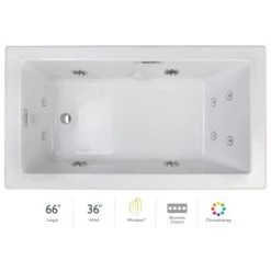 Jacuzzi Elara Low Profile 66" Acrylic Whirlpool Bathtub for Drop-In Installations with Right Drain, Chromatherapy Lighting, Heater, and Luxury Controls