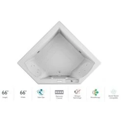 Jacuzzi 66" x 66" Fuzion Drop In Corner Luxury Salon Spa Bathtub with 15 Jets, Luxury Controls, Illumatherapy, Heater - Integrated Drain Assembly Included