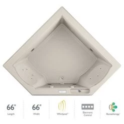 Jacuzzi 66" x 66" Fuzion Drop In Corner Luxury Whirlpool Bathtub with 15 Jets, Luxury Controls, Illumatherapy, Heater - Integrated Drain Assembly Included