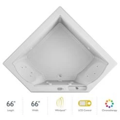 Jacuzzi 66" x 66" Fuzion Drop In Corner Luxury Whirlpool Bathtub with 15 Jets, LCD Controls, Chromatherapy, Heater - Integrated Drain Assembly Included