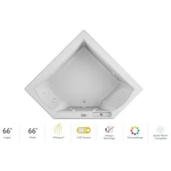 Jacuzzi 66" x 66" Fuzion Drop In Corner Luxury Whirlpool Bathtub with 15 Jets, LCD Controls, Chromatherapy, Heater - Integrated Drain Assembly Included
