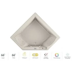 Jacuzzi 66" x 66" Fuzion Drop In Corner Luxury Whirlpool Bathtub with 15 Jets, LCD Controls, Chromatherapy, Heater - Integrated Drain Assembly Included
