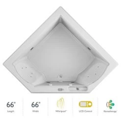 Jacuzzi 66" x 66" Fuzion Drop In Corner Luxury Whirlpool Bathtub with 15 Jets, LCD Controls, Illumatherapy, Heater - Integrated Drain Assembly Included