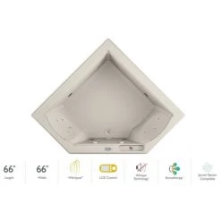Jacuzzi 66" x 66" Fuzion Drop In Corner Luxury Whirlpool Bathtub with 15 Jets, LCD Controls, Illumatherapy, Heater - Integrated Drain Assembly Included