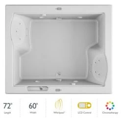 Jacuzzi 72" x 60" Fuzion Drop In Luxury Whirlpool Bathtub with 23 Jets, LCD Controls, Chromatherapy, Heater, Center Drain and Dual Pump - Integrated Drain Assembly Included
