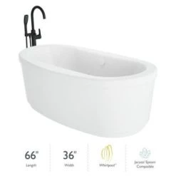 Jacuzzi Inizio 66" Free Standing Acrylic Whirlpool Tub with Center Drain and Overflow - Includes Floor Mounted Tub Filler with Hand Shower