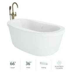 Jacuzzi Inizio 66" Free Standing Acrylic Soaking Tub with Center Drain and Overflow - Includes Floor Mounted Tub Filler with Hand Shower