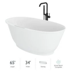 Jacuzzi Karina 65" Free Standing Resin, Stone Composite Soaking Tub with Center Drain, Drain Assembly and Overflow - Includes Floor Mounted Tub Filler with Hand Shower