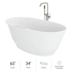 Jacuzzi Karina 65" Free Standing Resin, Stone Composite Soaking Tub with Center Drain, Drain Assembly and Overflow - Includes Floor Mounted Tub Filler with Hand Shower