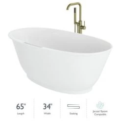 Jacuzzi Karina 65" Free Standing Resin, Stone Composite Soaking Tub with Center Drain, Drain Assembly and Overflow - Includes Floor Mounted Tub Filler with Hand Shower